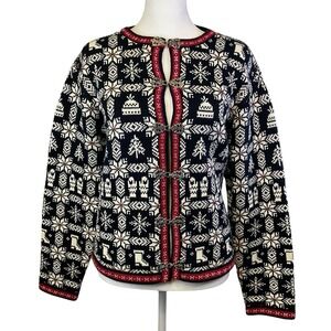 Talbots Black White Red Snowflake Winter Cardigan Sweater Fair Isle Mitten SZ PL